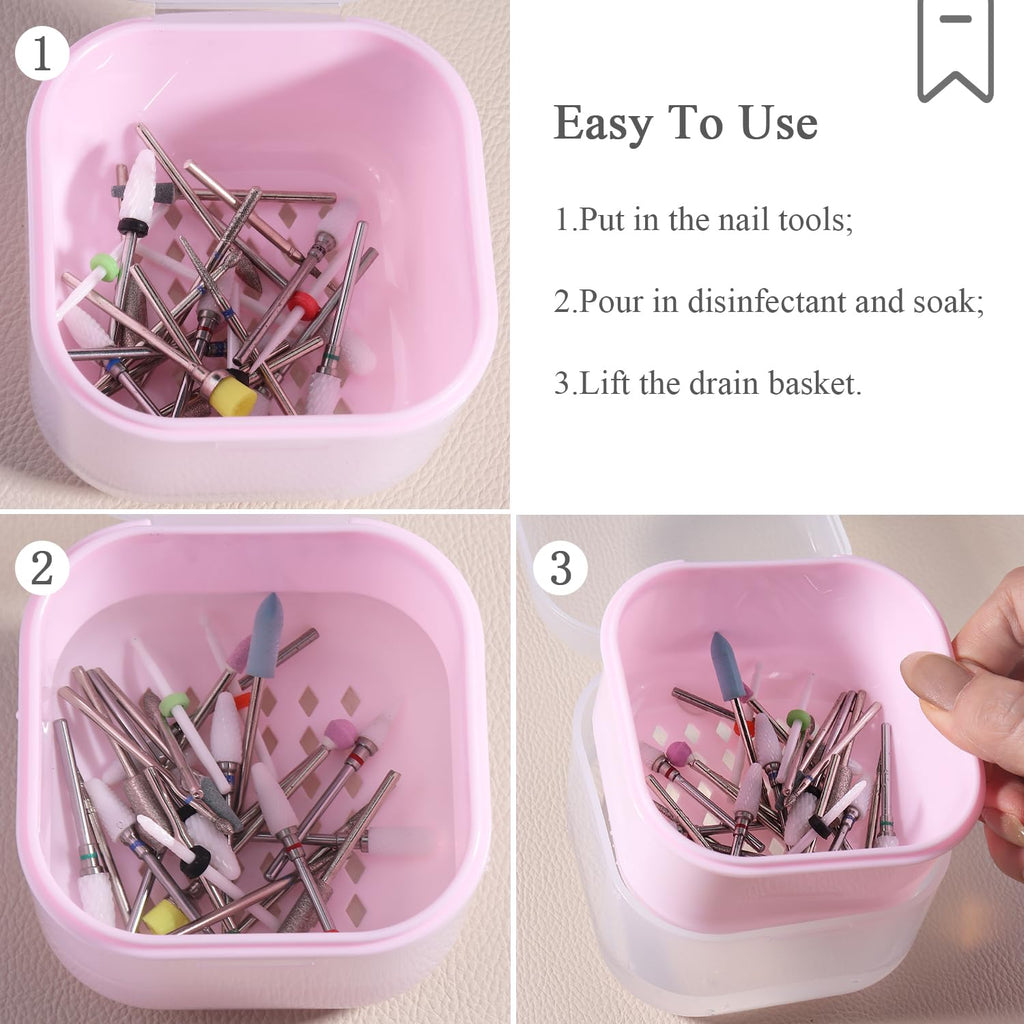 1Pcs Nail Tool Sterilizer, Nail Drill Bits Cleaning Box Disinfection Container For Nail Art Accessories Manicure Sterilization Tray Salon Supplies Sterilizer Cup With Drain Basket (pink)