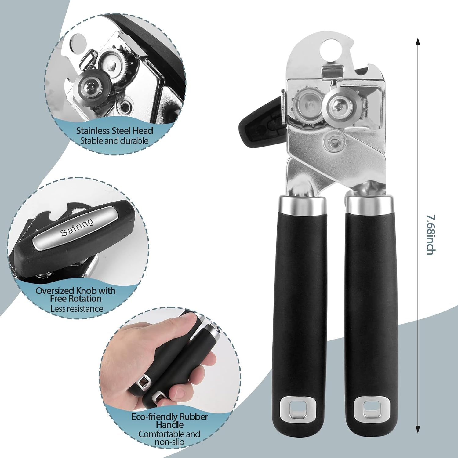 Can Opener Manual, Heavy Duty Handheld Strong Can Opener With Soft Touch Handle, Sharp Blade Smooth Edge, Can Openers With Multifunctional Bottle Opener, Black