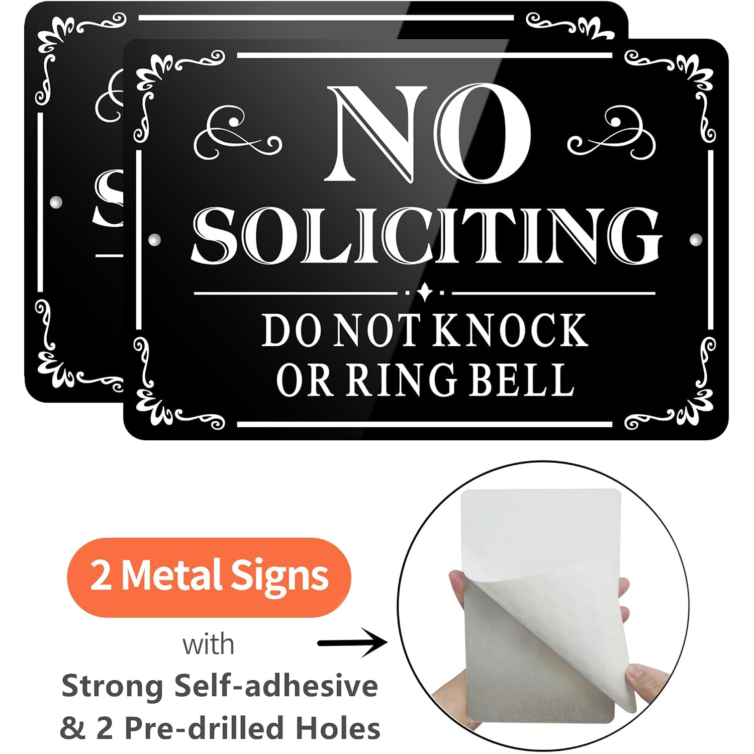 No Soliciting Sign For Front Door, (2 Pack) Self-Adhesive No Soliciting Sign For House, 9 X 6 Inches Aluminum Metal Signs For Yard (Black/White, Large 9 X 6 Inches)