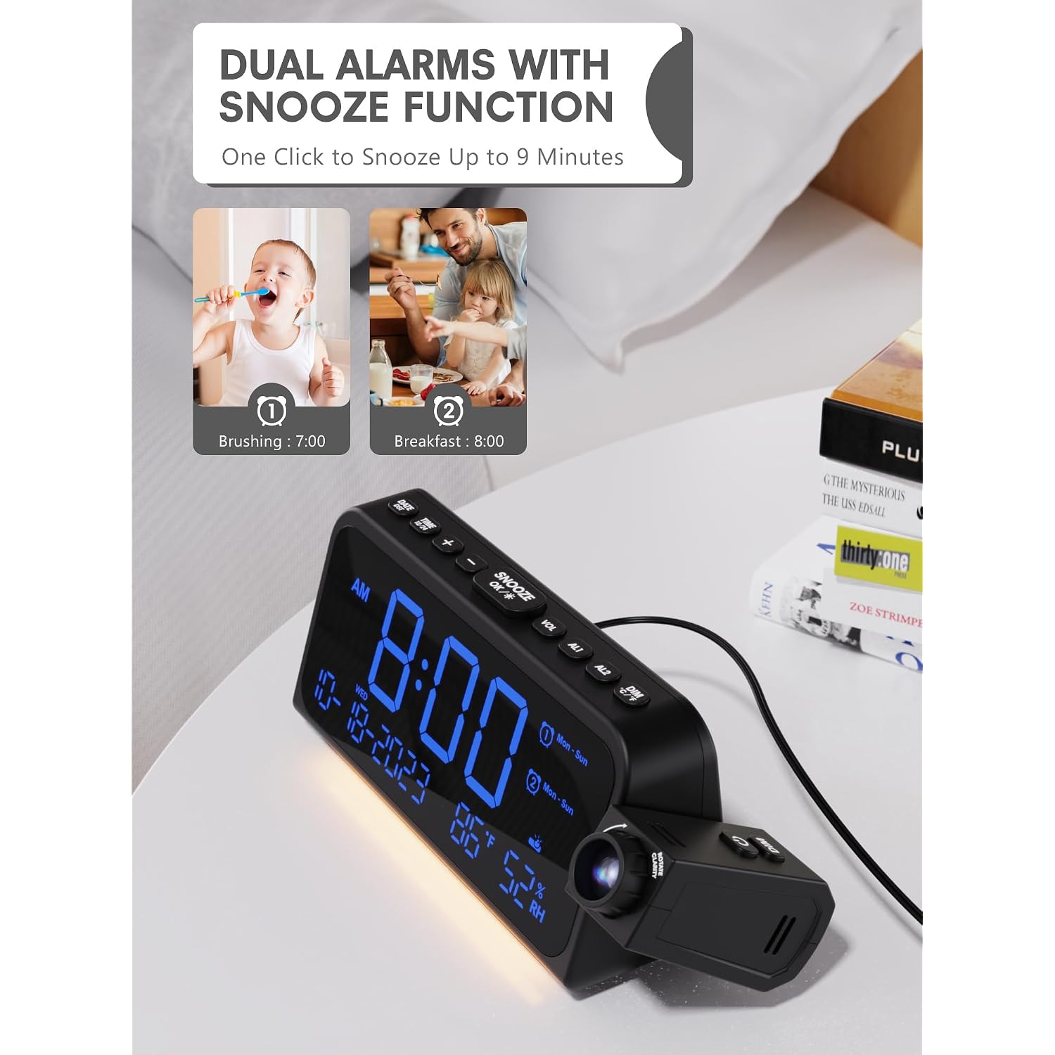 Mesqool Projection Alarm Clock Ceiling Display, With Temperature, Humidity | Dual Alarms, 5-Level Dimmer, Date, Night Light, Weekday/Weekend Mode, 12/24H, Dst, , Snooze, 180° Rotatable, For Bedroom
