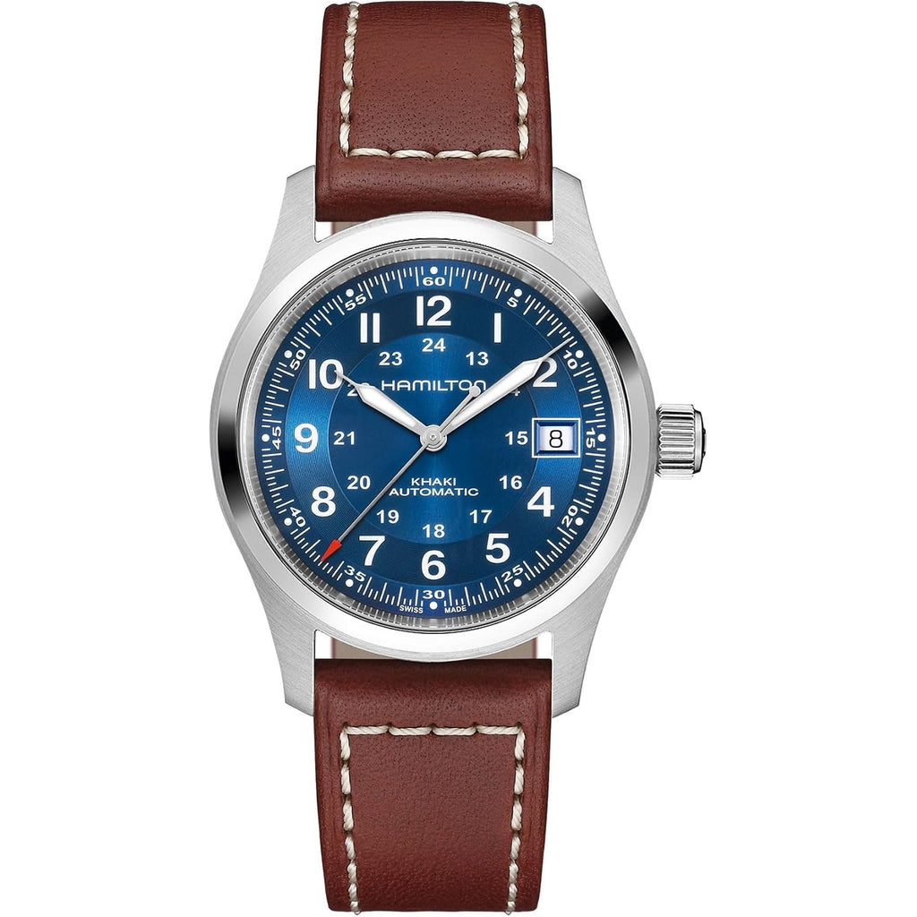 Hamilton Khaki Field Automatic Unisex Watch, 38Mm Stainless Steel Case, Swiss Made, Blue Dial Analog Wrist Watch Unisex 100 Meters Water Resitance, Sapphire Crystal, 3-Hand Movement, Leather Strap