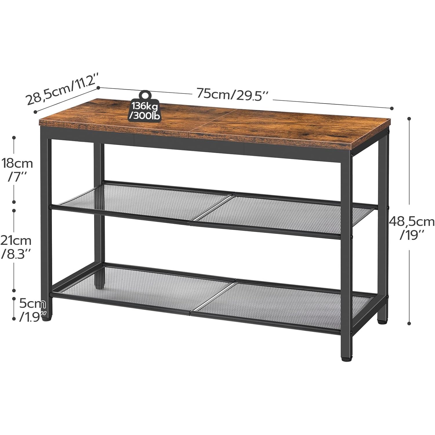 HOOBRO Shoe Bench, 3-Tier Shoe Rack, Industrial Shoe Organizer Storage Bench, 29.5 inches Entry Bench with Mesh Shelves, for Entryway, Living Room, Hallway, Easy Assembly, Rustic Brown BF75HX01