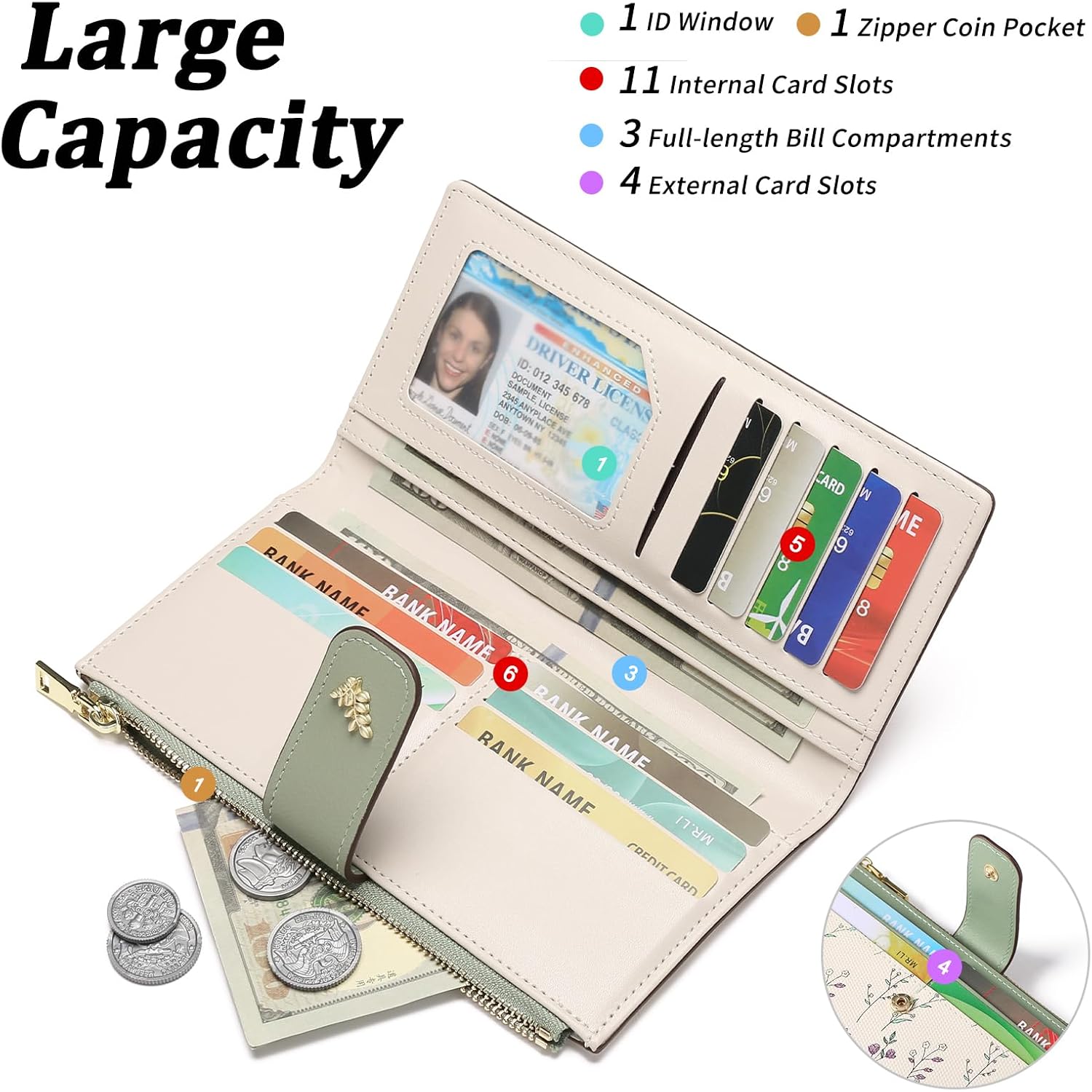 GAEKEAO Womens Wallet Slim Thin RFID Blocking Floral Vegan Leather Card Holder Bifold Long Ladies Wallet with Zipper Pocket
