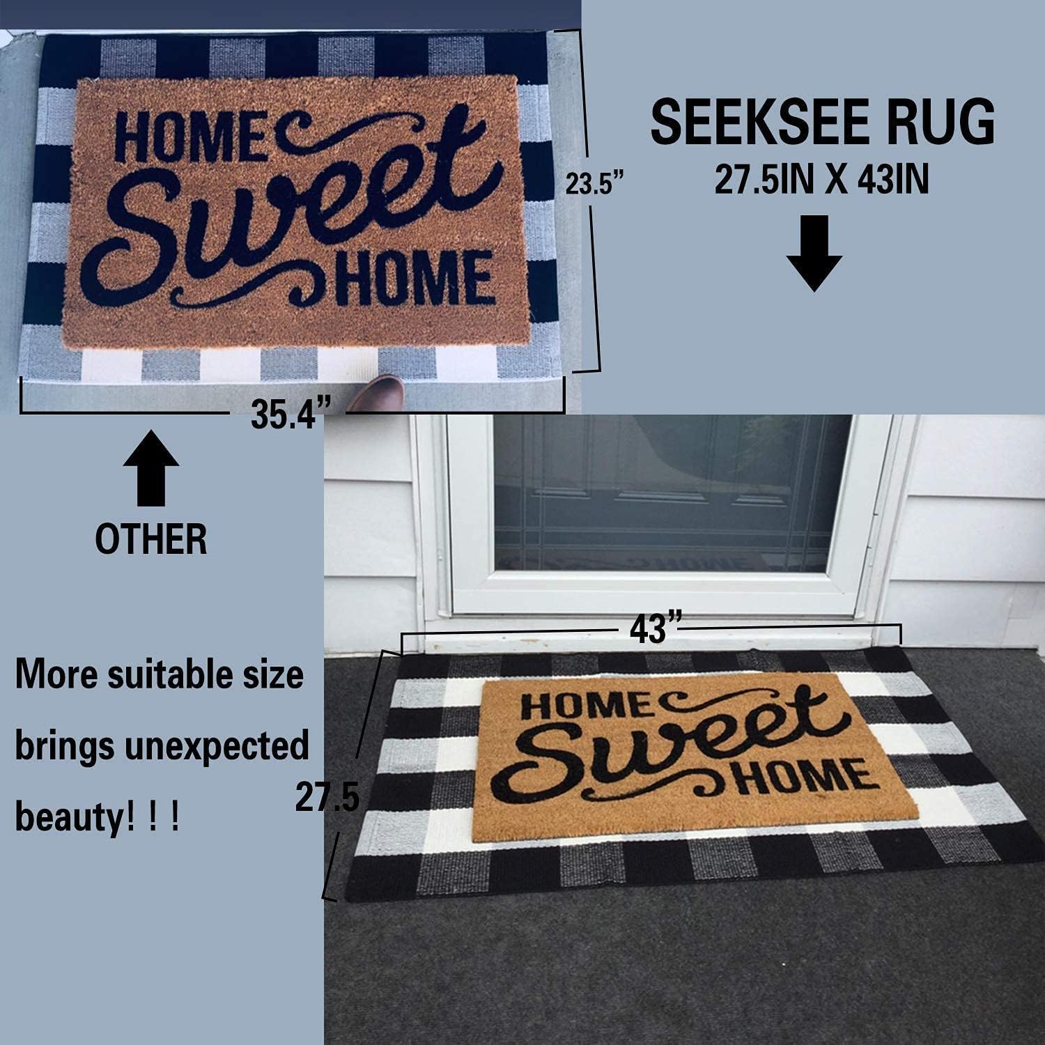 SEEKSEE Buffalo Plaid Outdoor Rug 27.5x43 Black and White Front Door Mat, Layering Rug for Porch, Washable Doormat, Cotton Area Rug for Outdoor Entrance Entryway Patio Porch Decor