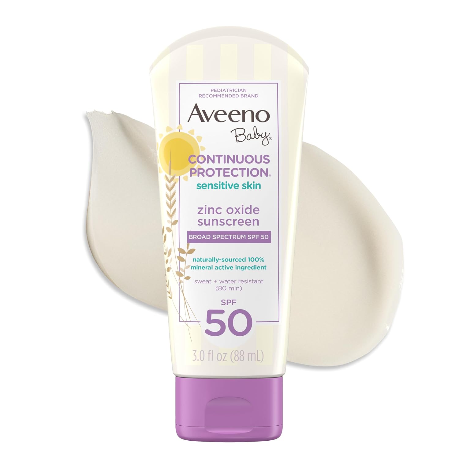Aveeno Baby Continuous Protection Zinc Oxide Spf 50 Sunscreen For Babies With Sensitive Skin, Broad Spectrum Sun Protection, Tear-Free, Sweat- & Water-Resistant, No Added Parabens, 3 Fl Oz