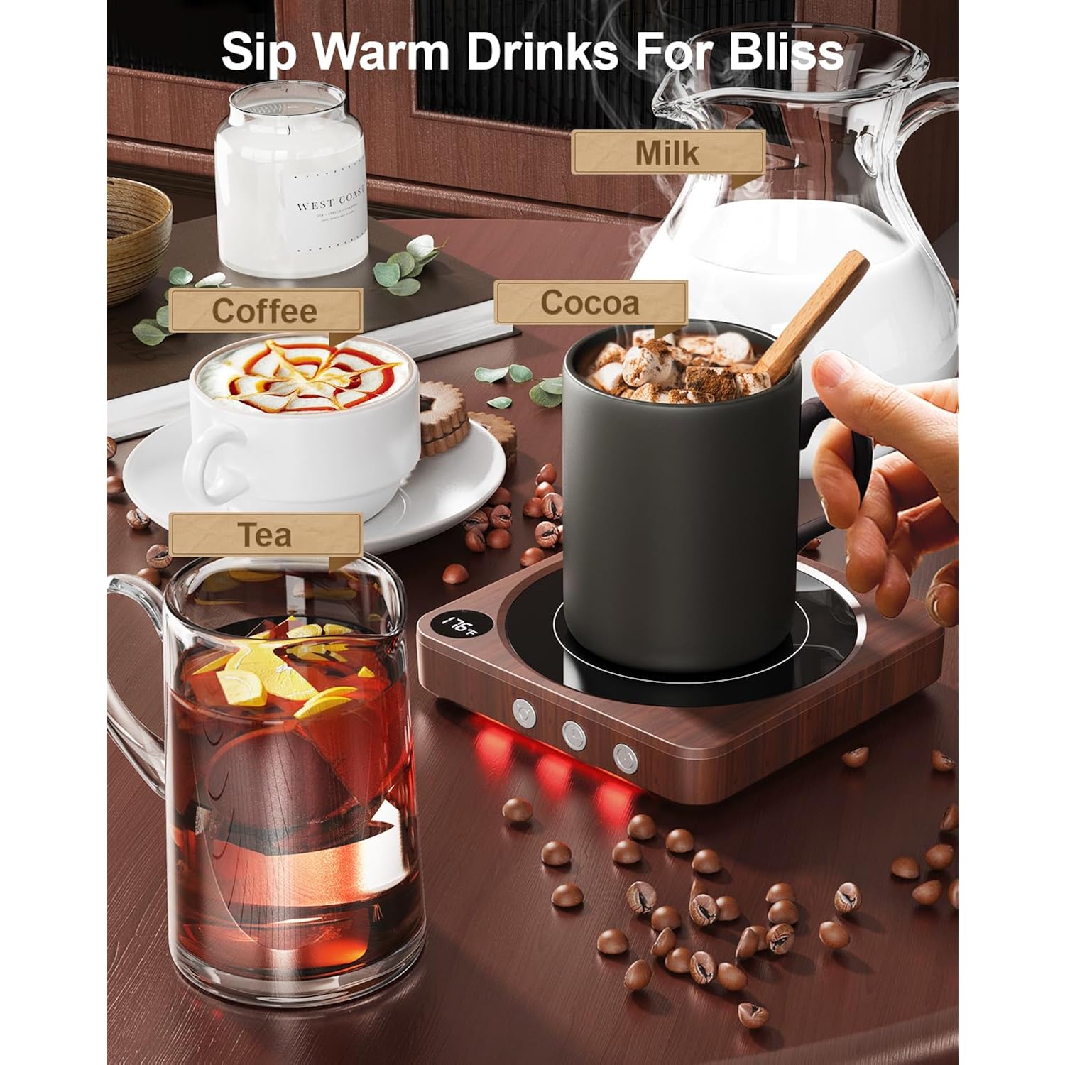 House Gem Mug Warmer - 36W Coffee Mug Warmer for Desk with Temperature Display, 2-12Hrs Auto Shut Off, Smart Candle Warmer - Ideal Coffee Gifts Accessories Keep Beverages Coffee Warmer (Wood) (Wood)