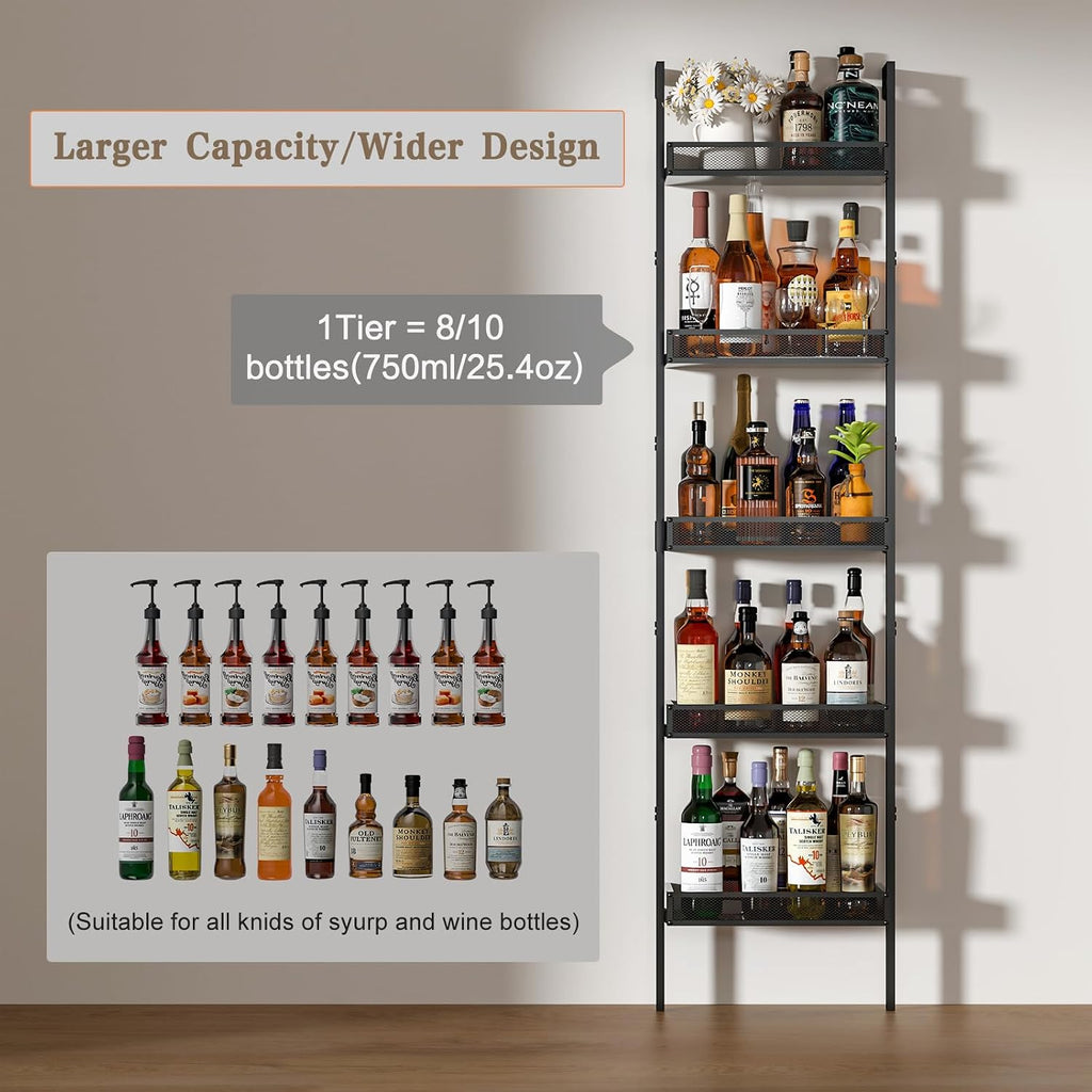 5-Tier Freestanding Wine Racks: 50 Bottles Wine Rack Shelf Wall Mounted With Fences, Wines Bottle Holder Display Shelf, Liquor Storage For Kitchen, Dining Room, Bar, Wood, 17.28''L X 7.95''W X 68.5''H
