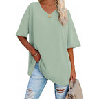 Womens Oversized Shirts V Neck Plus Size Spring Workout Summer Tops Beach Vacation 2026 Gym Clothes Basic Tee
