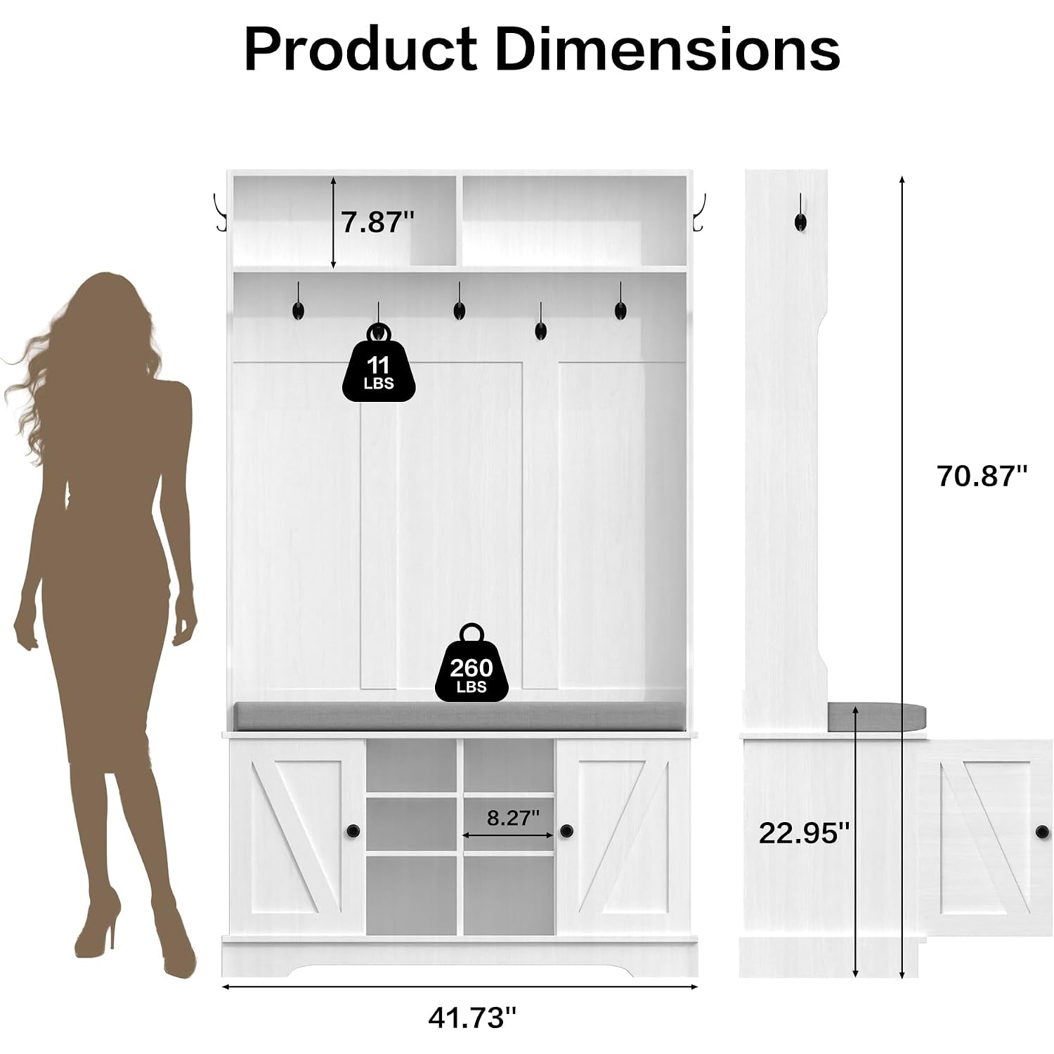 71" Hall Tree With Bench And Shoe Storage, Entryway Hall Tree With 2 Doors And 6 Adjustable Shelves, Cushioned Storage Bench With Coat Rack For Hallway, Living Room, Mudroom