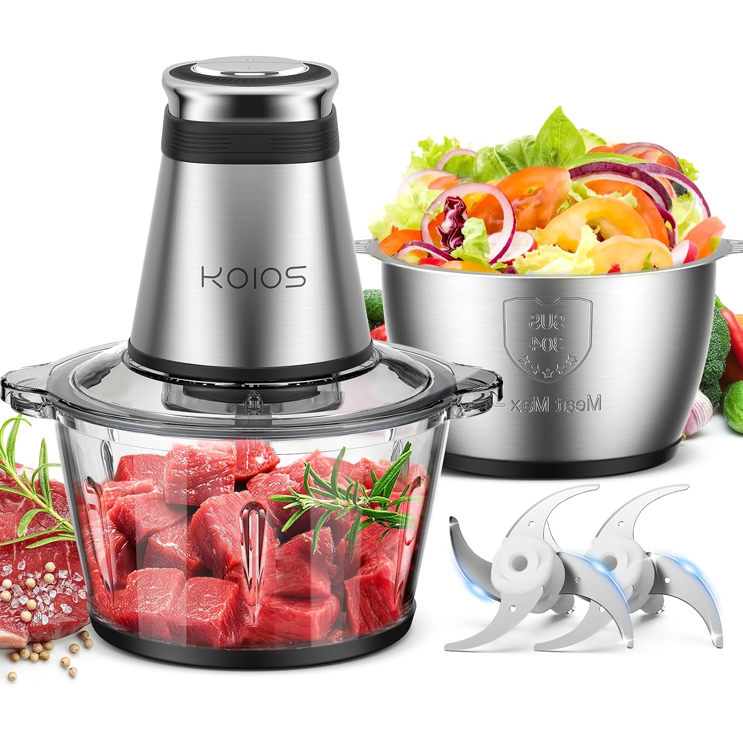 Koios Food Processor, 500W Electric Food Chopper With 2 Bowls (8 Cup+8 Cup) & 2 Bi-Level Blades&, Small Electric Grinder Meat Processor For Nuts, Meat, Onion, Garlic, Baby Food, Black