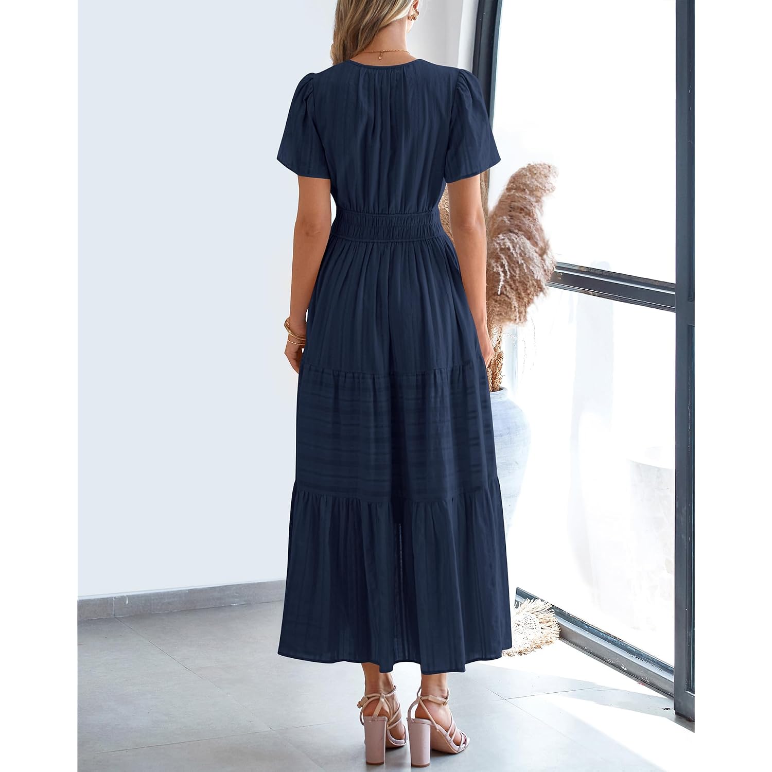 Btfbm Womens Summer 2026 Casual Midi Maxi Dresses Lightweight Short Sleeve V Neck Elastic Waist Boho Beach Dress Pockets
