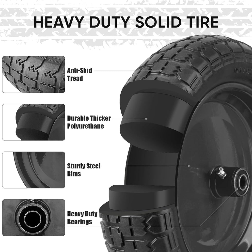 Ticonn 4.80/4.00-8 Tire, 14.5" Flat Free Wheelbarrow Tire And Wheel, Solid Replacement Tires With 3" Centered Hub, 5/8" 3/4" Bearings, Universal Fit 4.80/4.00-8, 3.50/3.00-8, 4.00-6 (Black)