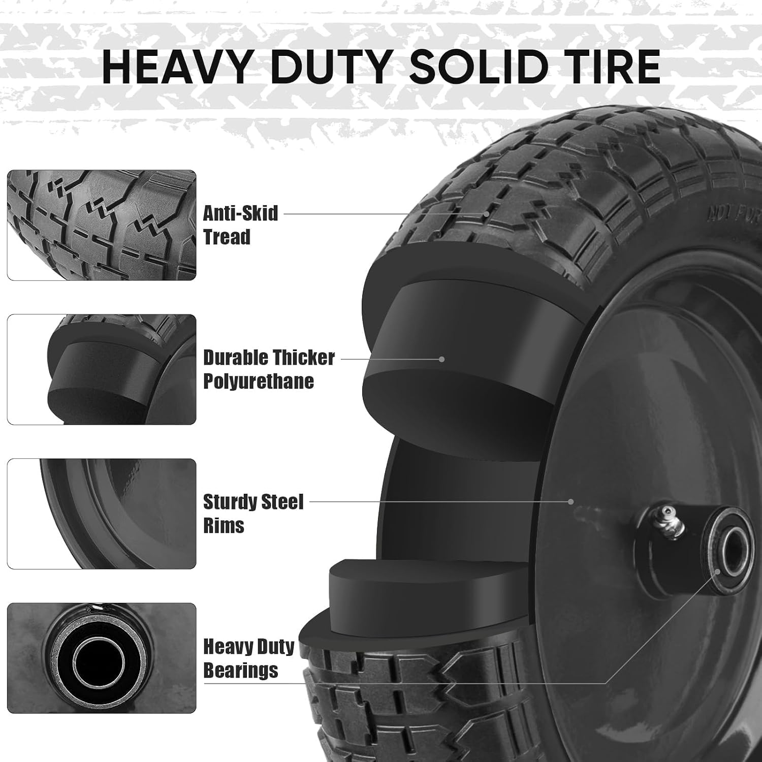 Ticonn 4.80/4.00-8 Tire, 14.5" Flat Free Wheelbarrow Tire And Wheel, Solid Replacement Tires With 3" Centered Hub, 5/8" 3/4" Bearings, Universal Fit 4.80/4.00-8, 3.50/3.00-8, 4.00-6 (Black)