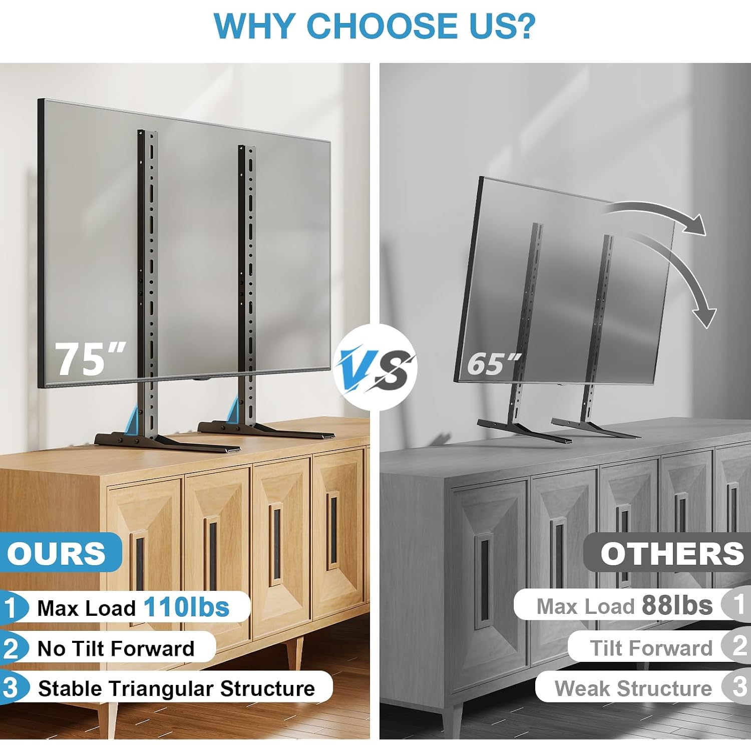 Universal Table Top Tv Stand For 20-75 Inch Flat Curved Tvs, Height Adjustable Tv Legs With Cable Management, Great Load-Bearing Replacement Tv Base Holds Up To 110Lbs, Max Vesa 800X600Mm, Black