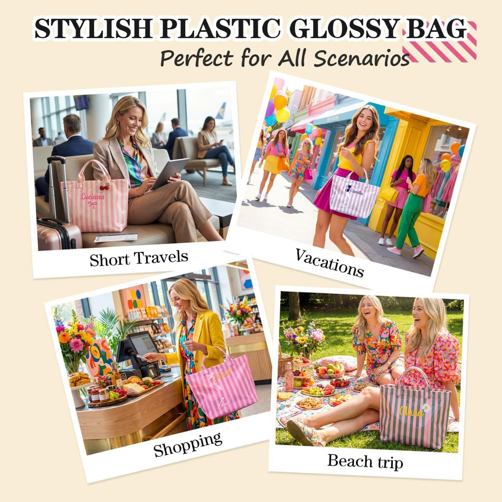 Personalized Striped PVC Tote Bag for Women w/ Name, Custom Waterproof Stylish Plastic Glossy Bag for Beach Pool Large Plaid Letters Print Hobo Handbag for Summer Vacation Travel, Girls Trip Gift