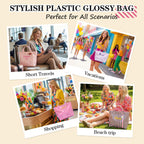Personalized Striped PVC Tote Bag for Women w/ Name, Custom Waterproof Stylish Plastic Glossy Bag for Beach Pool Large Plaid Letters Print Hobo Handbag for Summer Vacation Travel, Girls Trip Gift