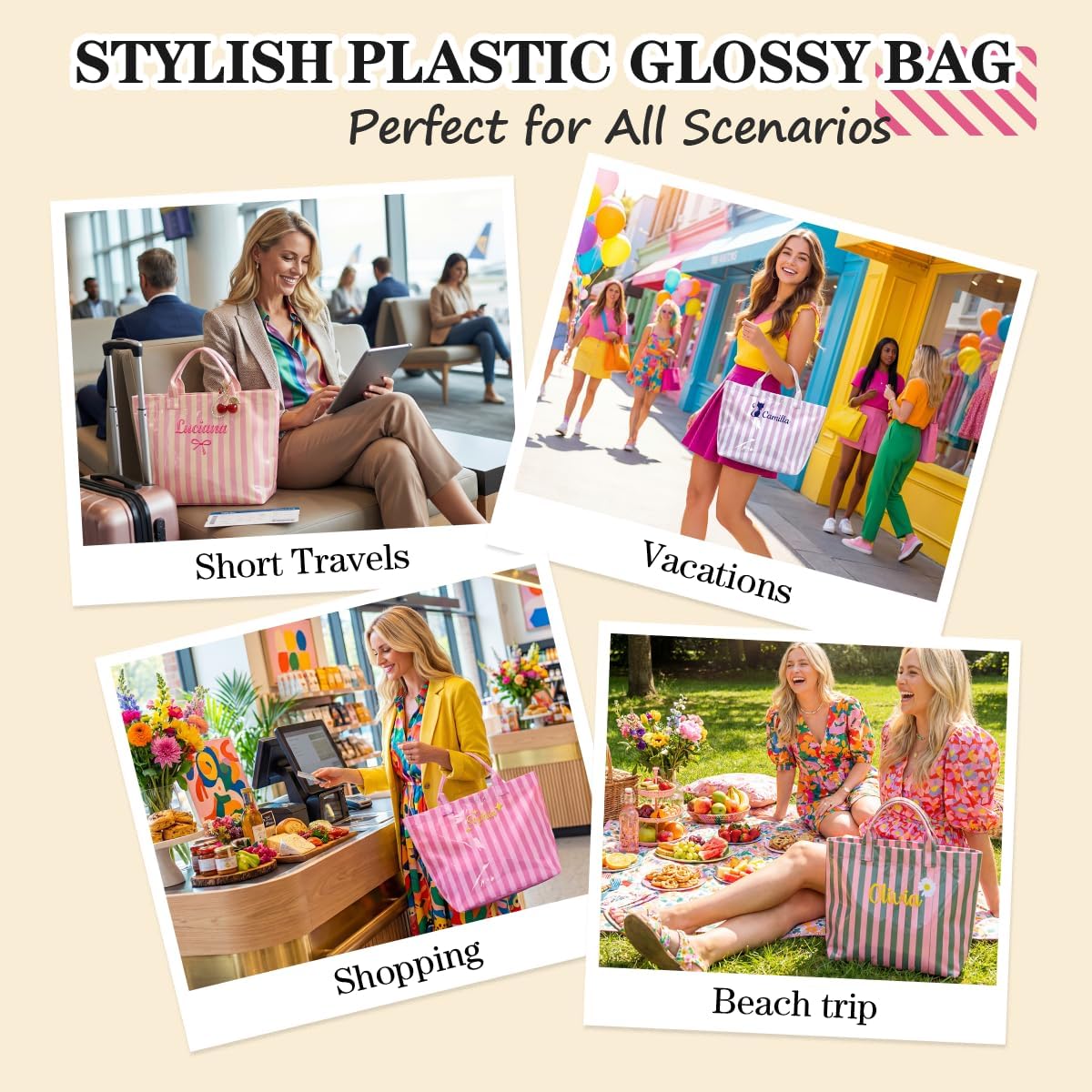 Personalized Striped PVC Tote Bag for Women w/ Name, Custom Waterproof Stylish Plastic Glossy Bag for Beach Pool Large Plaid Letters Print Hobo Handbag for Summer Vacation Travel, Girls Trip Gift