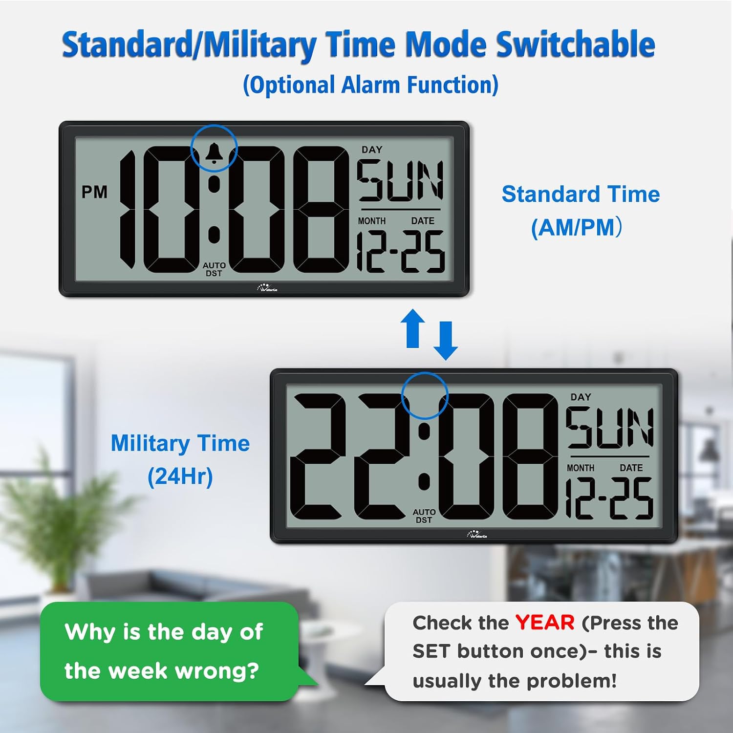 14.5'' Large Digital Wall Clock Battery Operated With Jumbo Numbers, Temperature And Date - Easy To Read And Set, Auto Dst