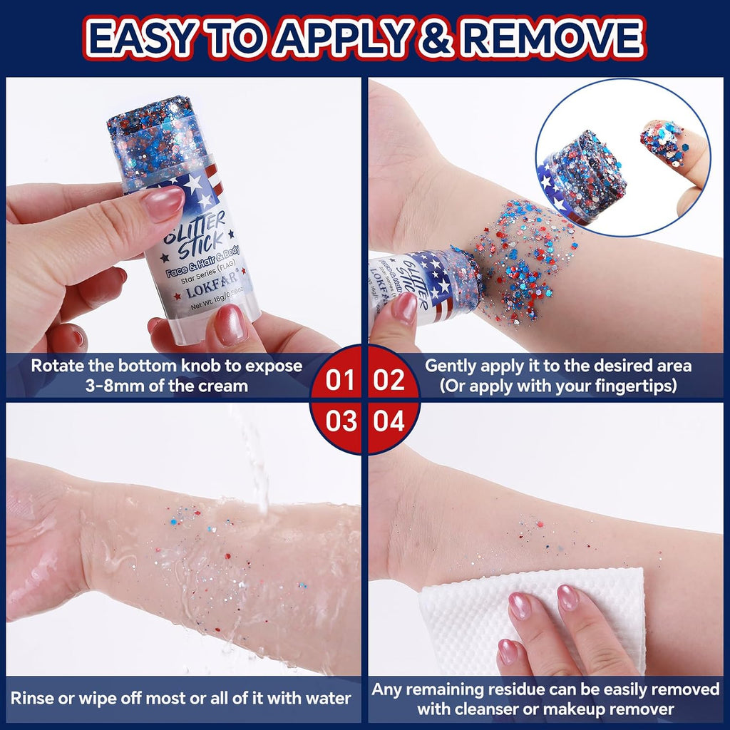 2Pcs 4Th Of July Glitter Stick | Patriotic Red White And Blue Glitter Stick For Face Body Hair, Fourth Of July Accessories & Outfits Women, Usa Flag Makeup For American 250 Anniversary & Memorial Day