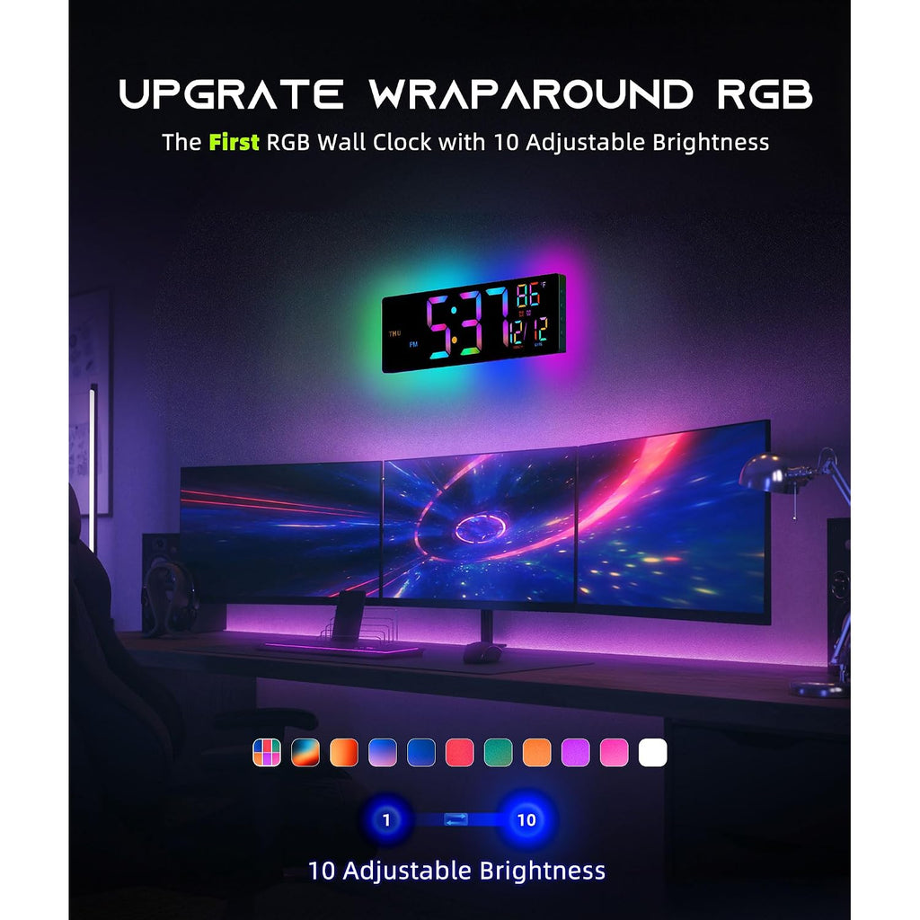 Easyera 16.5" Large Digital Wall Clock With Bt Sync, Rgb Lights With 11 Scenes Mode Remote Control, Dual Alarms With Big Led Display, Auto Dst, Temperature For Classroom Gaming
