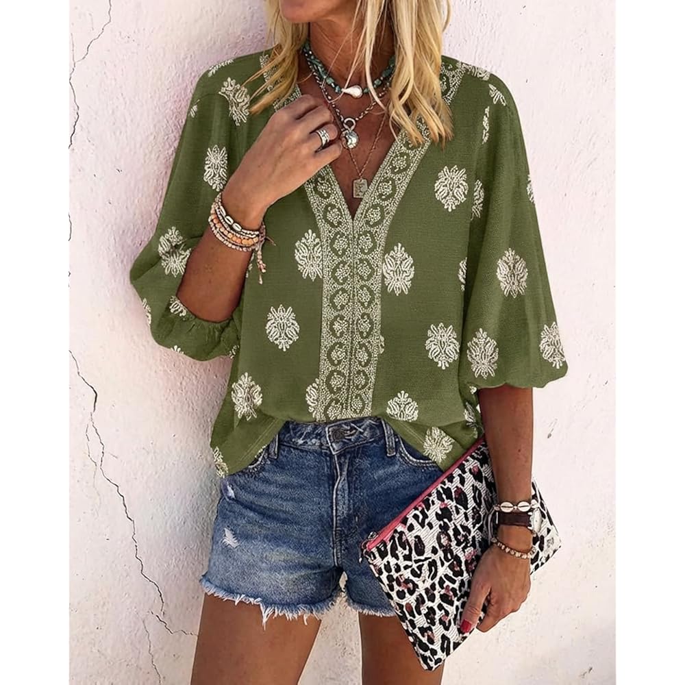 CHICME Women's Casual V Neck Blouse Floral Boho Summer Tops Lantern Sleeve Loose Fit Tunics Flowy Vacation Clothes