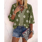 CHICME Women's Casual V Neck Blouse Floral Boho Summer Tops Lantern Sleeve Loose Fit Tunics Flowy Vacation Clothes