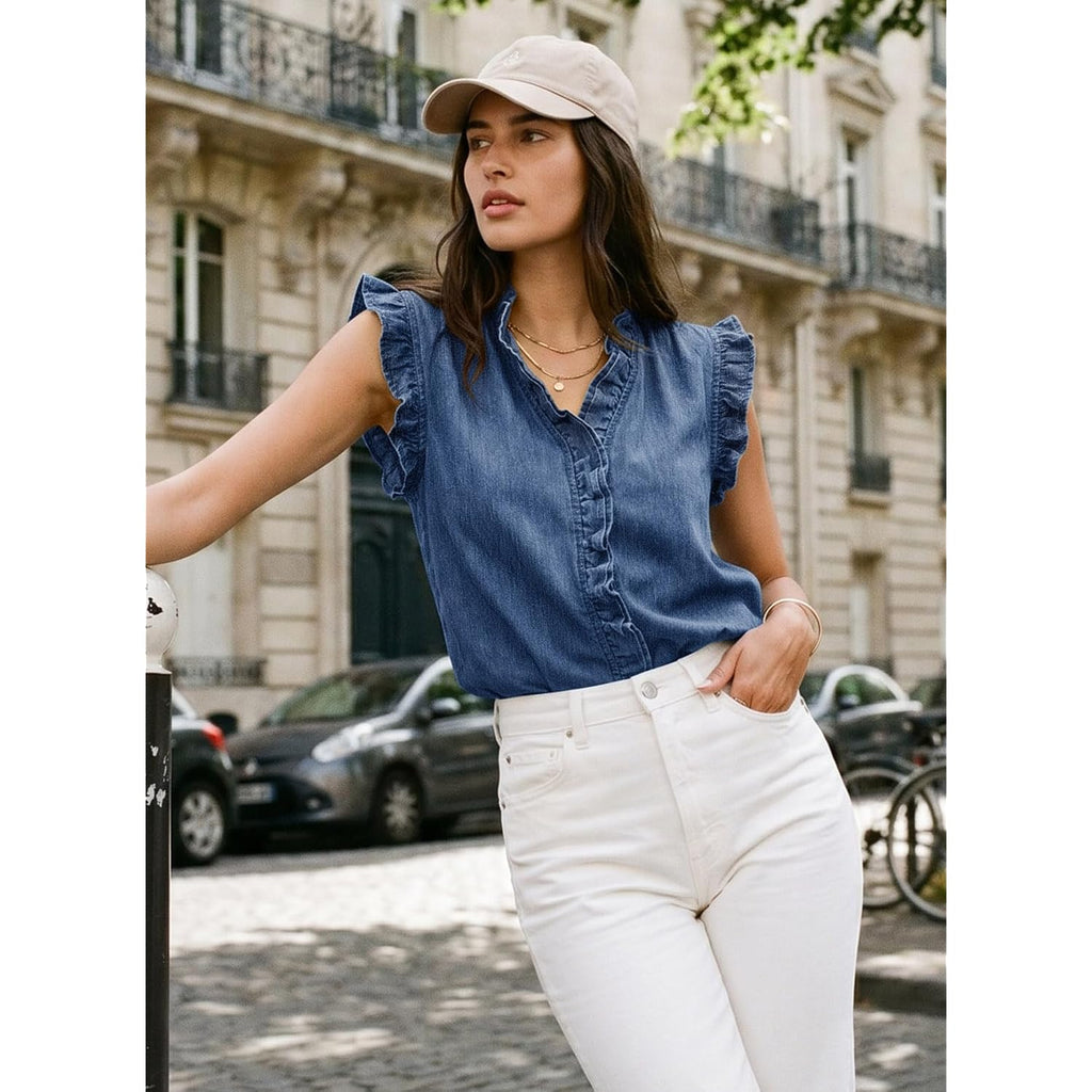 Dokotoo Denim Vest Top For Women Casual Summer Jean Vest Top Button Down Peplum V Neck Sleeveless Denim Shirt