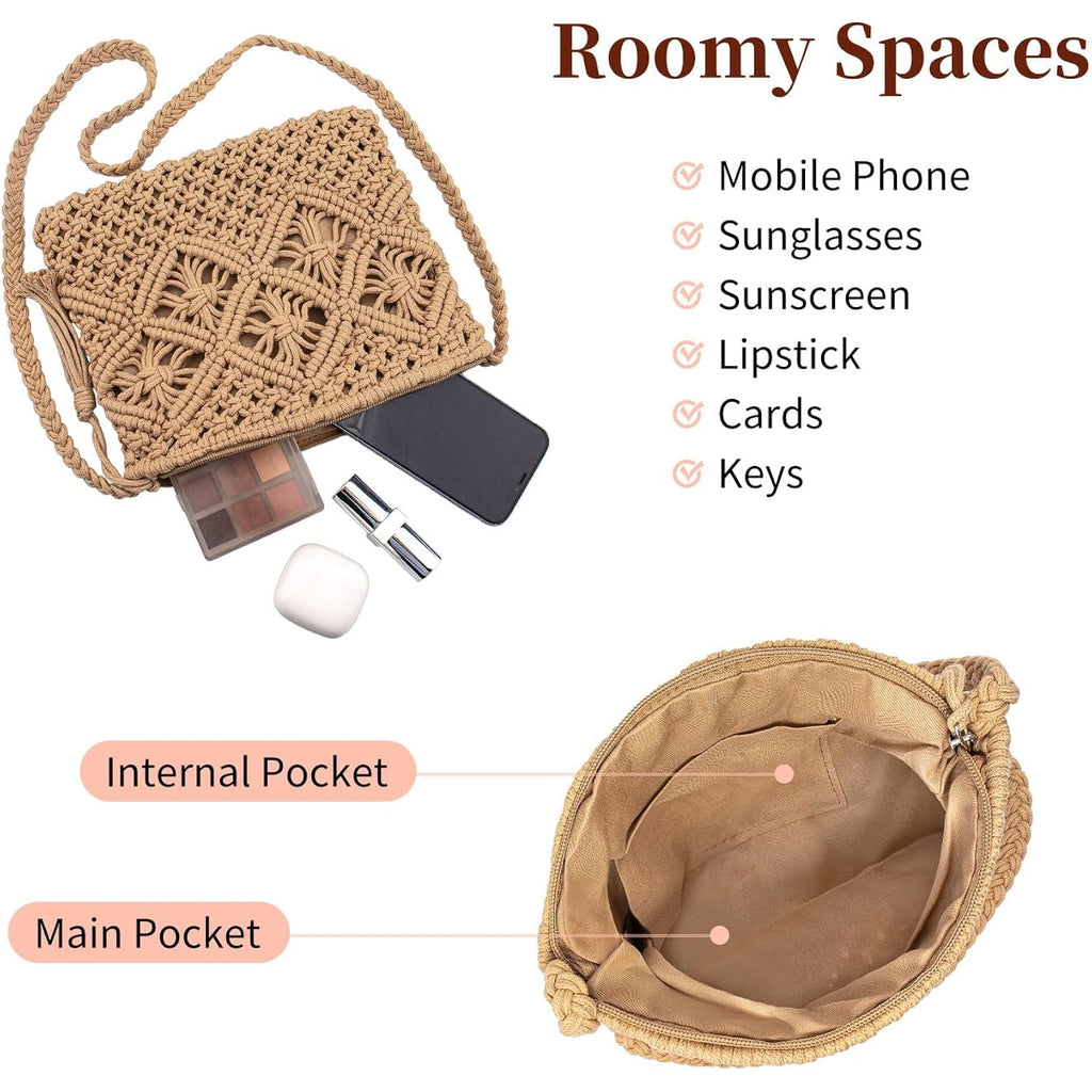 Peicees Crossbody Bag Purse For Women Bohemian Shoulder Bag Woven Crochet Purse For Summer Beach Travel Clutch Handbag