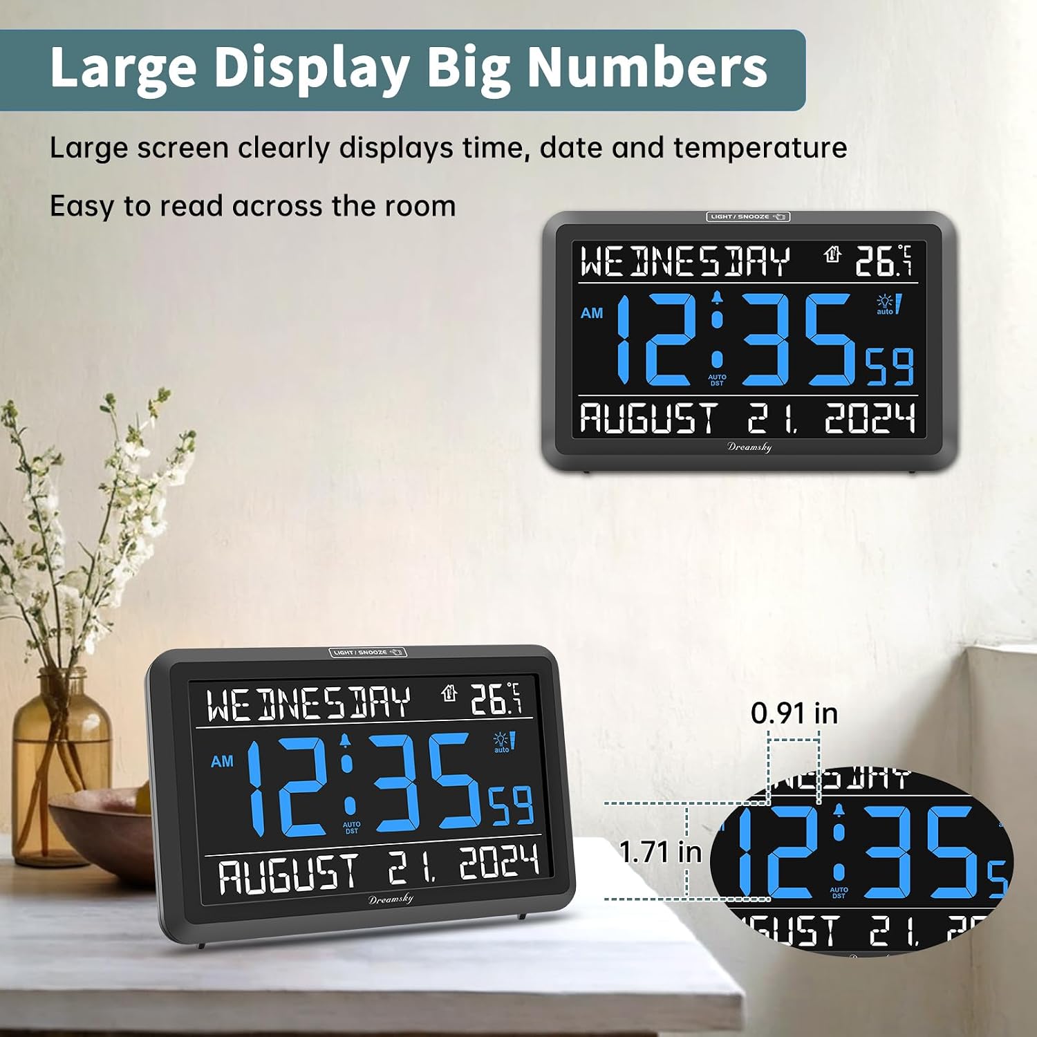 Dreamsky Large Digital Clock With Date And Day Of Week For Seniors | Electric Desk Clock For Elderly, Bedroom Alarm Clock With Battery Backup, Dimmer, Usb, Auto Dst, Temperature, Volume Control