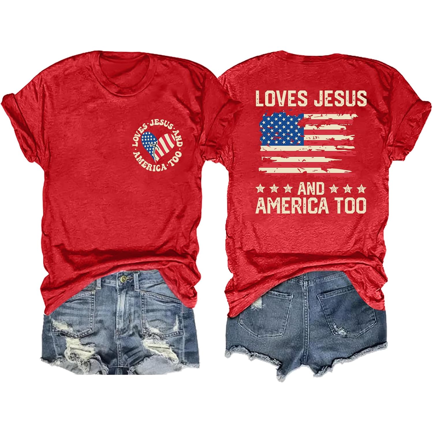 American Flag Shirts for Women: 250th Anniversary Tshirts She Loves Jesus and America Too Tee Tops