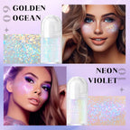 2 Colors Roll-On Body Glitter Gel, Holographic Glitter Gel Under Light For Face Hair, Body Shimmer For Rave Accessories Christmas New Year Halloween Makeup (Golden Ocean+Neon Violet)