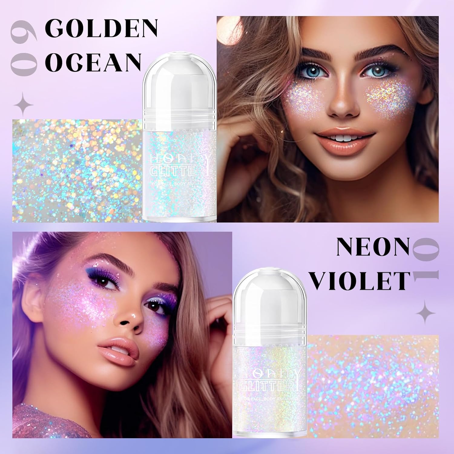 HOSAILY 2 Colors Roll-on Body Glitter Gel, Holographic Glitter Gel Under Light for Face Hair, Body Shimmer for Rave Accessories Christmas New Year Halloween Makeup (Golden Ocean+Neon Violet)