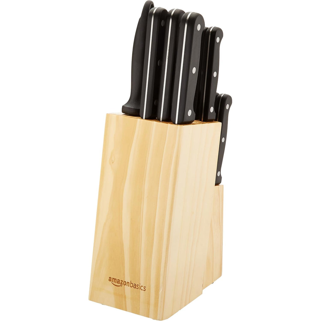 Amazon Basics 14-Piece High Carbon Stainless Steel Kitchen Knife Set with Full Tang Construction, Ergonomic Handles, Sharpener and Pinewood Block, Black