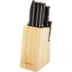 Amazon Basics 14-Piece High Carbon Stainless Steel Kitchen Knife Set with Full Tang Construction, Ergonomic Handles, Sharpener and Pinewood Block, Black
