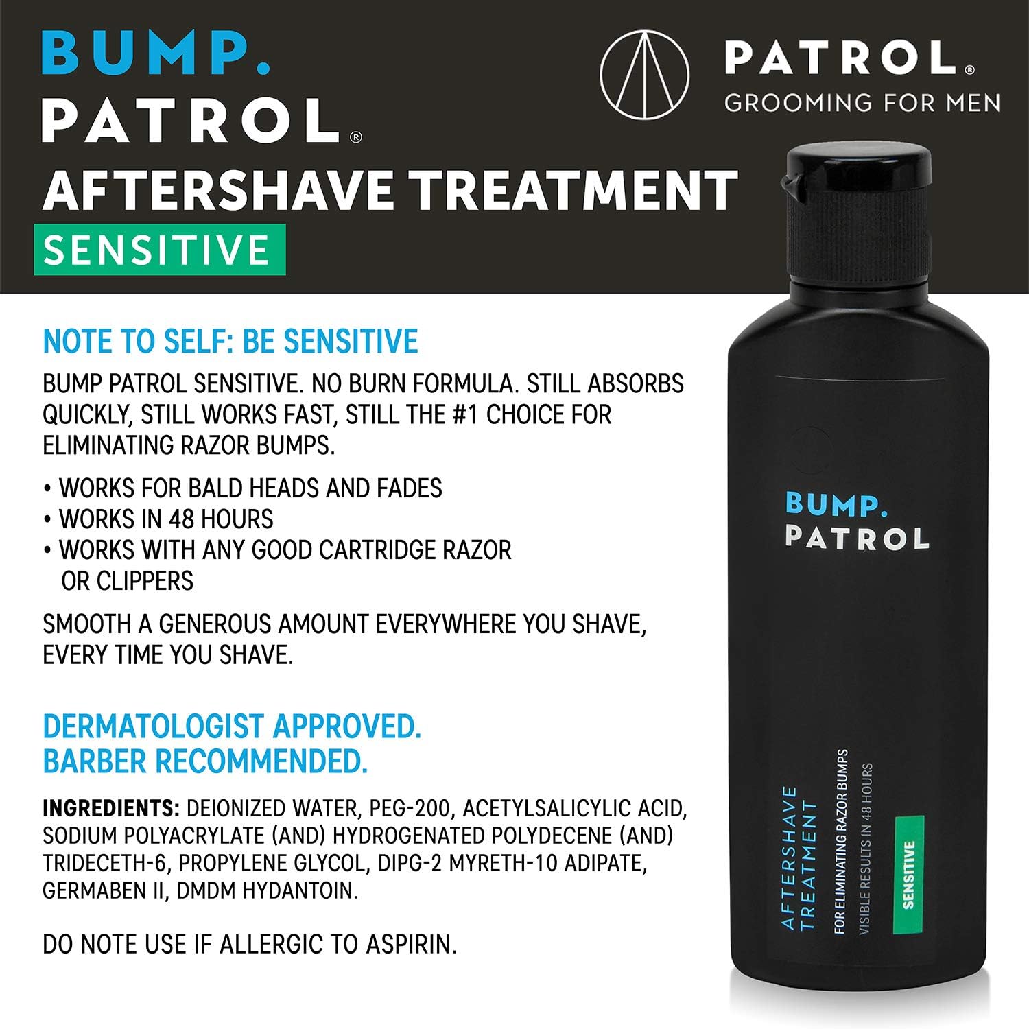 Bump Patrol Sensitive Strength Aftershave Treatment Serum – Razor Bump Stopper and Ingrown Hair Treatment for Men and Women, Alcohol Free Ingrown Hair Serum for Sensitive Skin 2 oz (Pack of 1)