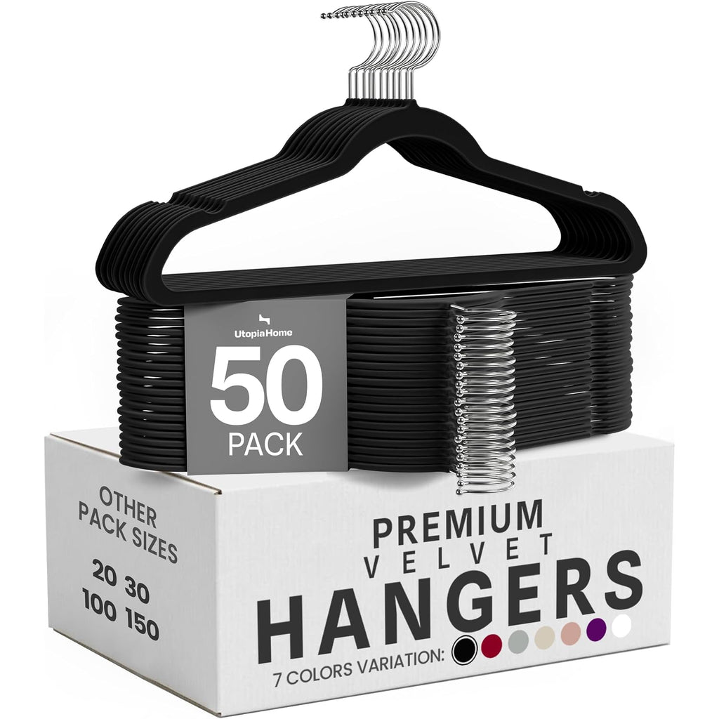 Utopia Home Velvet Hangers 50 Pack – Luxury Non-Slip Slim Hangers Black | Luxury Non-Slip Slim Pant & Coat Hangers, Strong Space-Saving Clothes Hangers With Pants Bar And 360° Swivel Hook