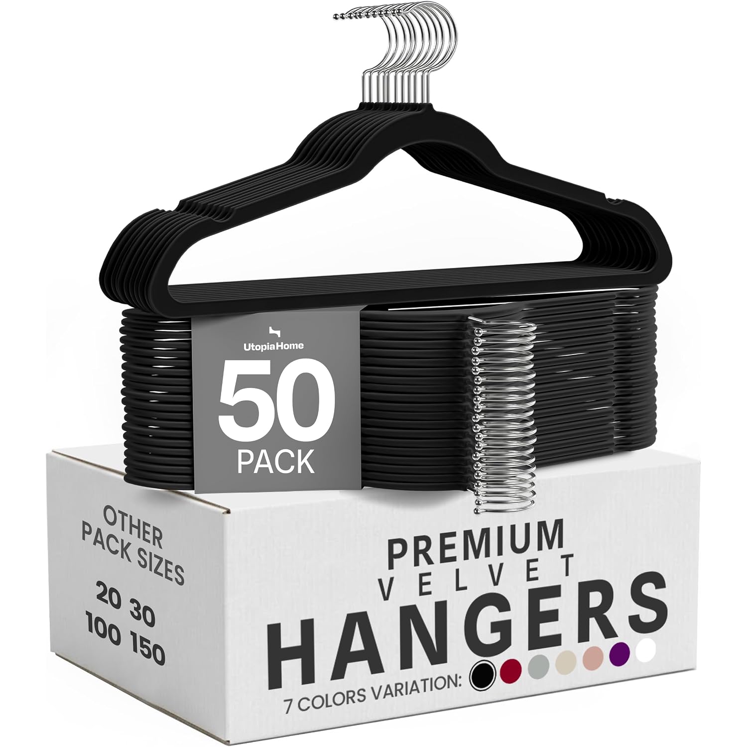 Utopia Home Velvet Hangers 50 Pack – Luxury Non-Slip Slim Hangers Black | Luxury Non-Slip Slim Pant & Coat Hangers, Strong Space-Saving Clothes Hangers With Pants Bar And 360° Swivel Hook