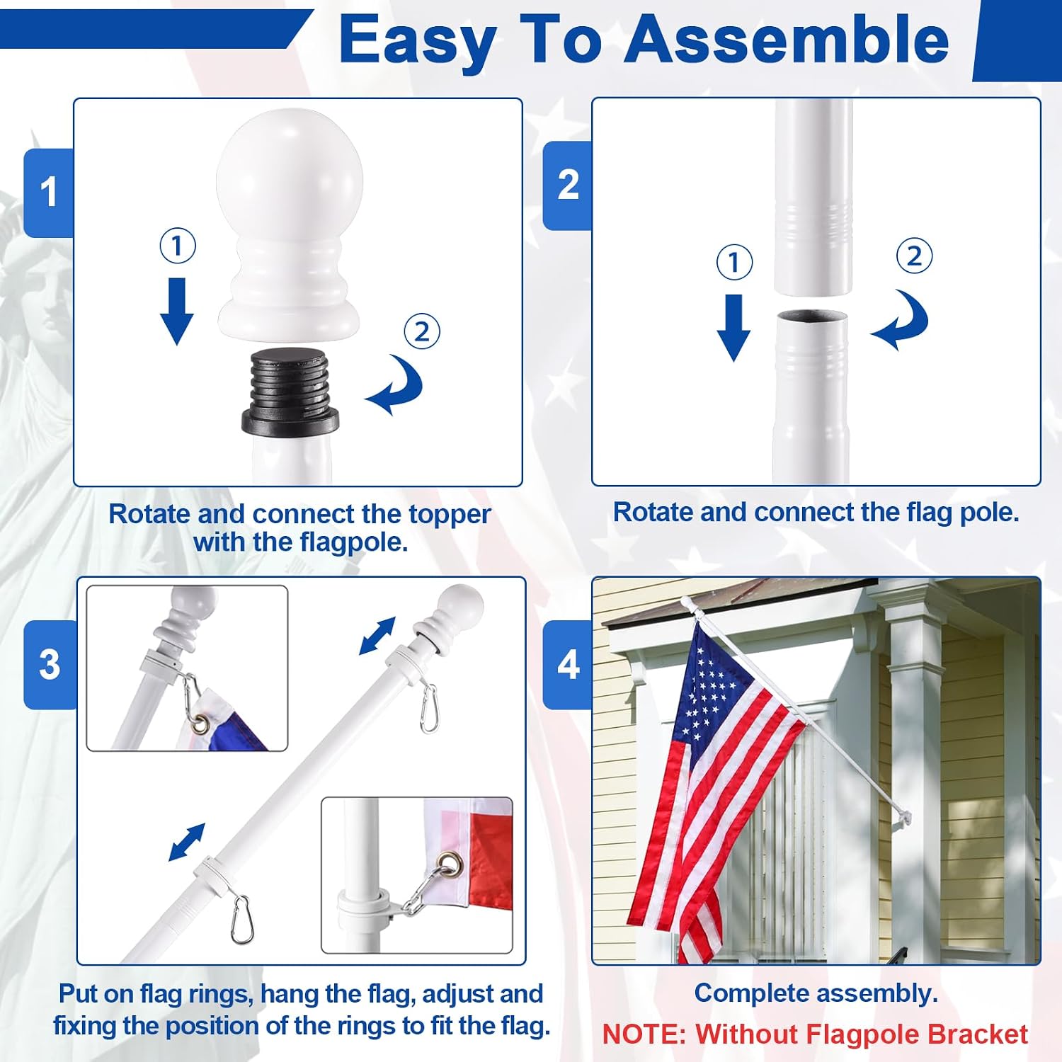 White Flag Pole Kit For House, 5 Ft Thickened Stainless Steel Outside Wall Mount Flagpole For 3X5' American Flag With 1" Tangle Free 360° Rotating Flag Pole Rings Hardware For Porch Residential