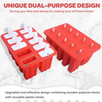 Miaowoof Homemade Popsicle Molds, 10-Cav Non-Bpa Silicone Ice Pop Maker, With 50 Sticks, 50 Bags, 10 Reusable Sticks, Funnel, Brush And Ice Pop Recipe (Red)