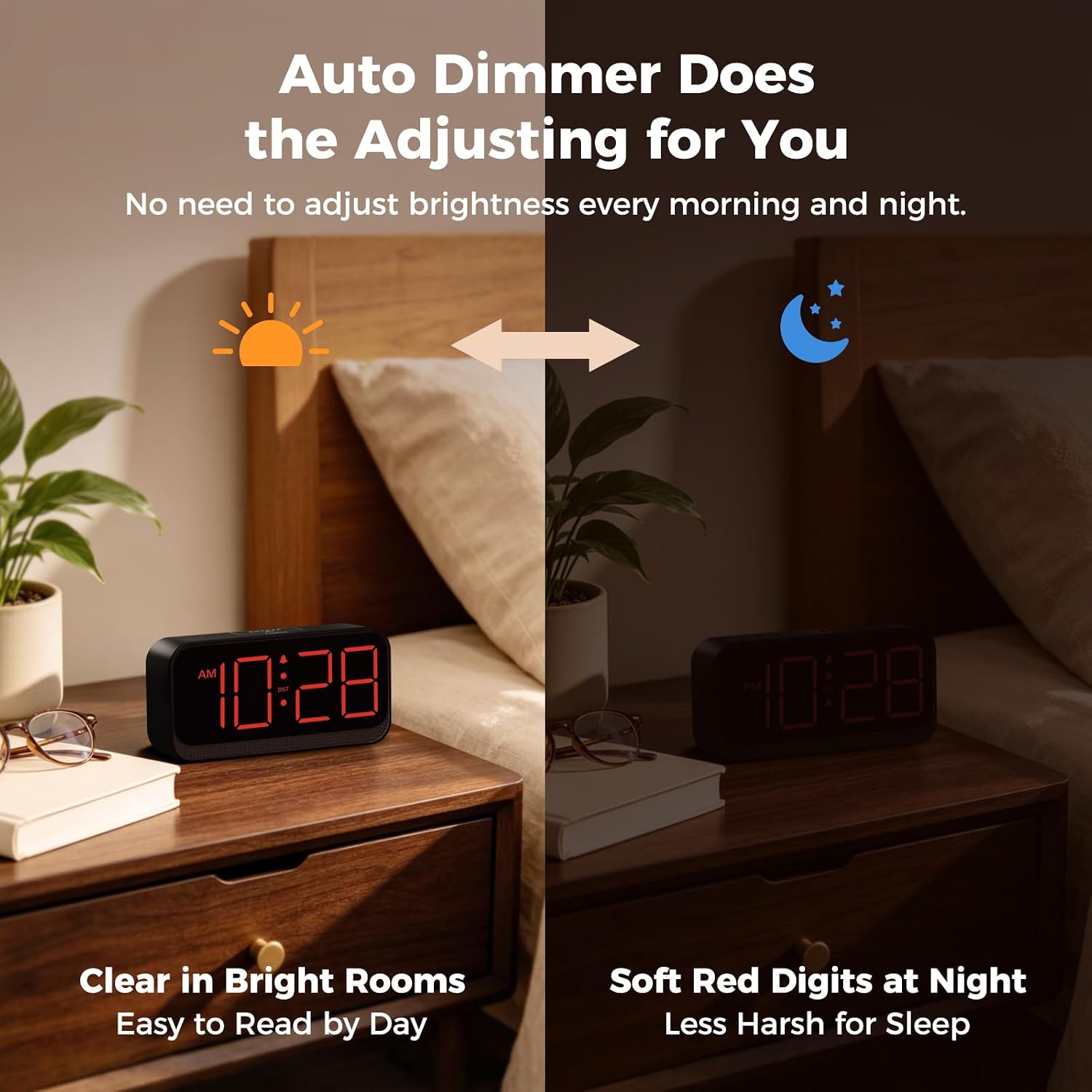 Battery Operated Alarm Clock For Bedroom Travel: Cordless Compact Large Display Digital Clock With Auto Dimming - 4 Dimmers Easy To Use For Adults Seniors Red Digits