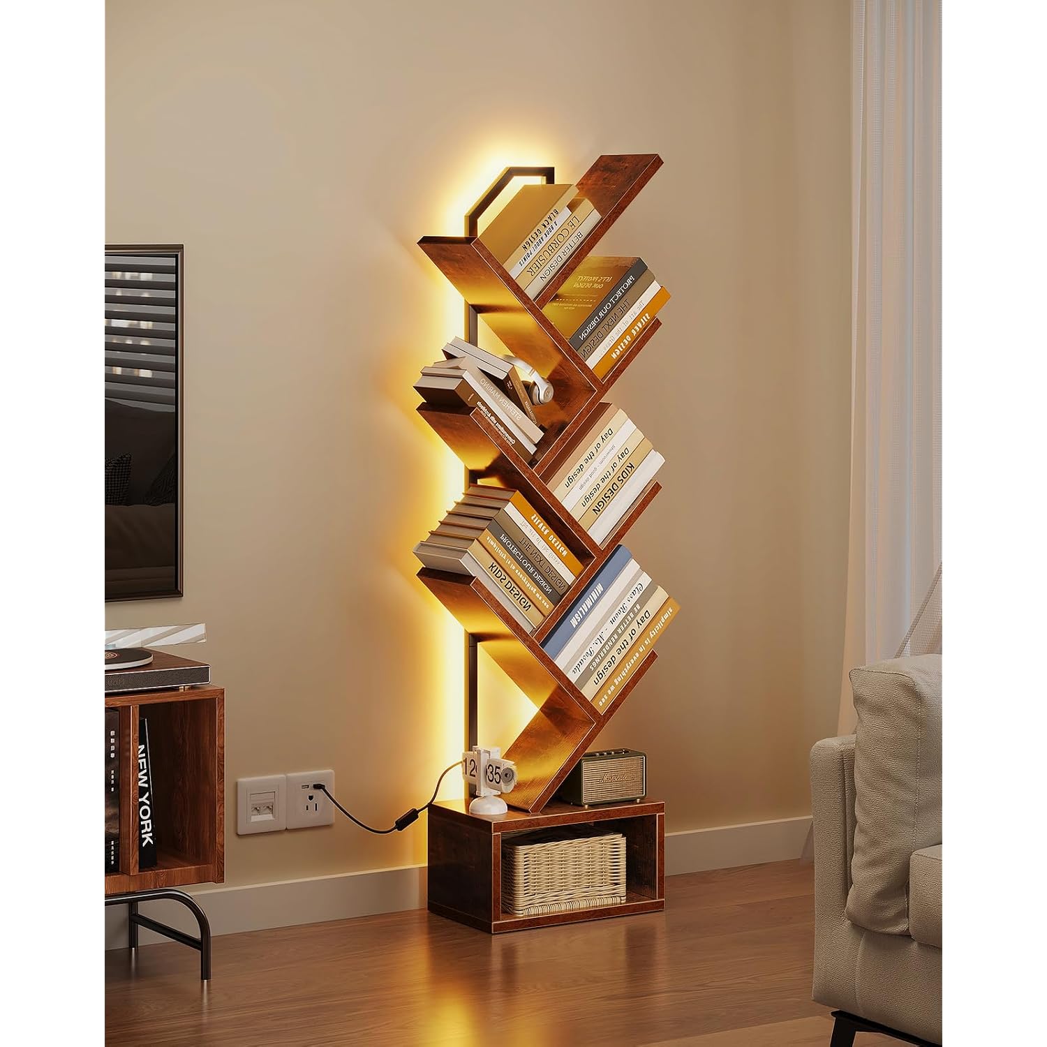 Casaottima Tree Bookshelf With Led Lights, 6-Tier Narrow Bookcase For Small Spaces, Tall Steel & Wood Storage Shelf With Cabinet, Home Decor & Organizer For Living Room/Bedroom/Home Office, Vintage
