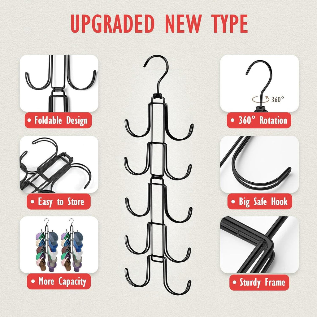 Hat Organizer For Closet, Collapsible Caps Rack With 10 Rotatable Large Hooks, Holds Up To 40 Baseball Caps, Metal Space Saving Hat Hanger For Display, Storage And Closet Organizers, Black