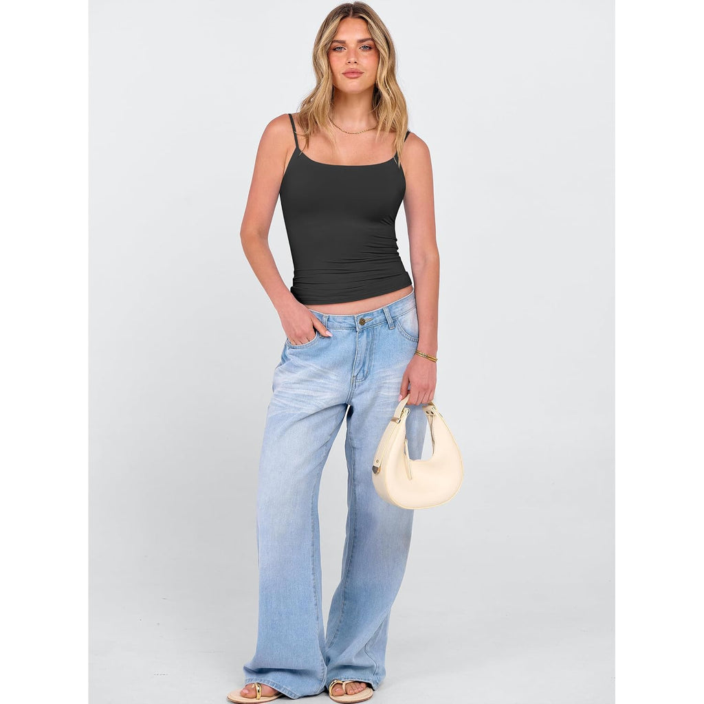 Anrabess Womens Cropped Spaghetti Strap Double Lined Tank Tops | Square Neck Camisole, Soft Stretchy Silky Fabric, Slim Fit, Casual Summer Layering, Going Out Workout, Y2K Basic Style