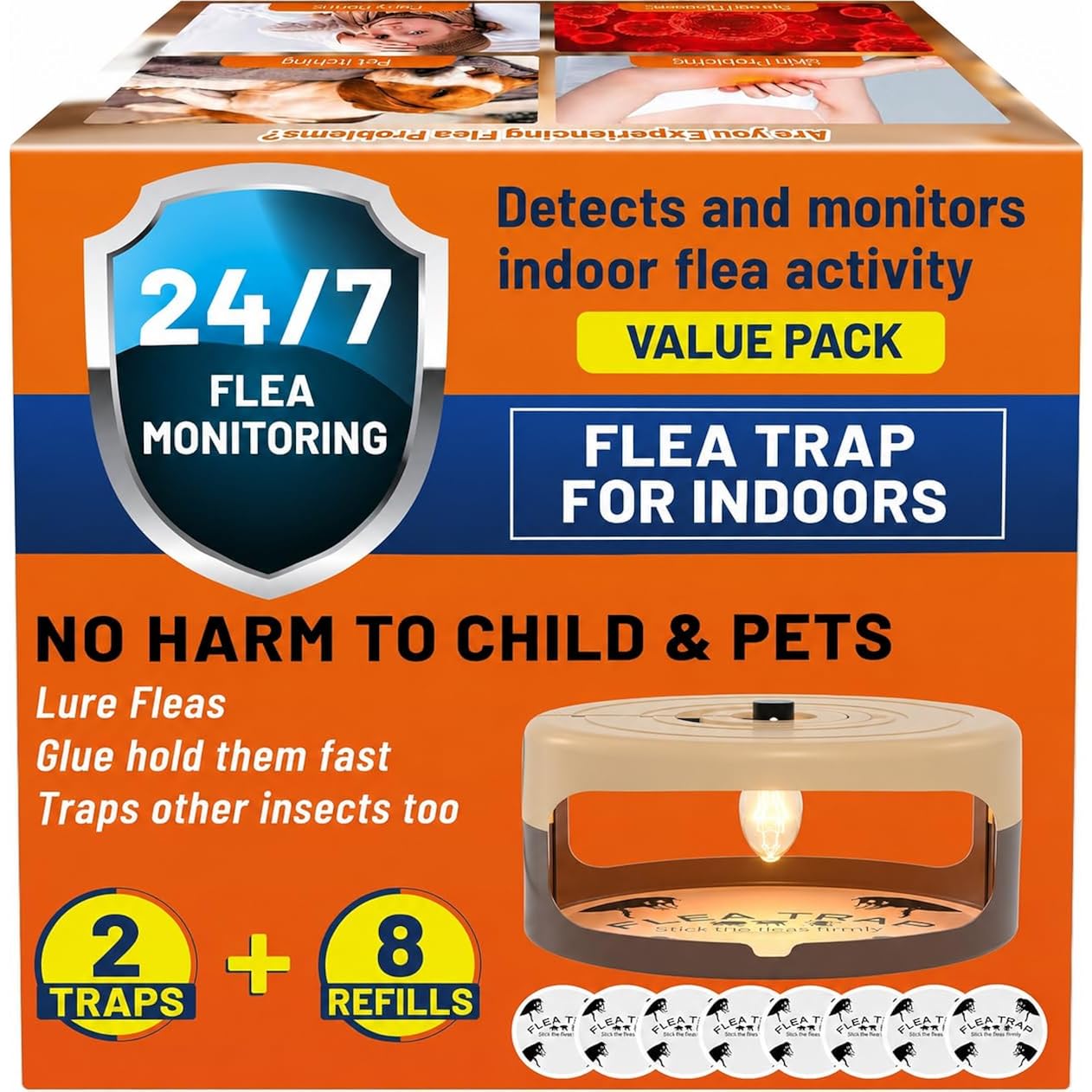 2 Pack Flea Traps For Inside Your Home, Indoor Flea Traps With 8 Sticky Pads, Flea Monitoring Trap For Home, Sticky Insect Catcher For Fleas, Moths & Gnats
