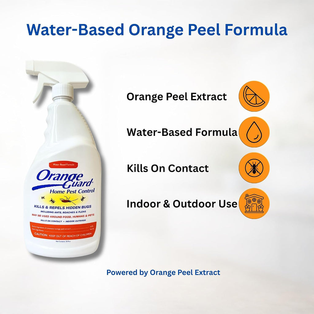 Orange Guard Home Pest Control Spray With D-Limonene | All-Natural Food Grade Orange Peel Oil For Bugs, Ants, Roaches, Fleas, Palmettos And Silverfish - 32Oz