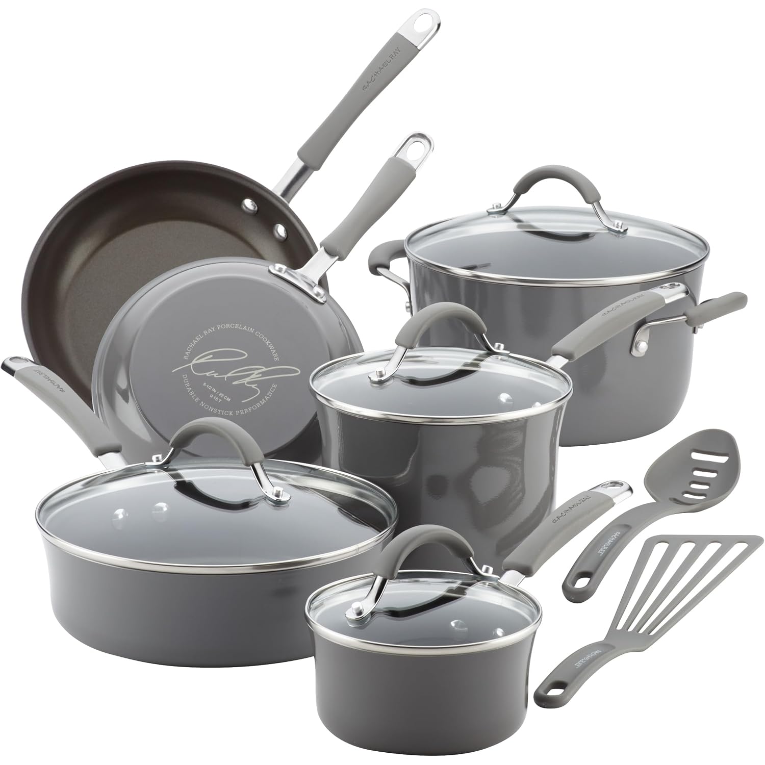 Rachael Ray Cucina Nonstick Cookware, Sea Salt Gray Pots And Pans Set, 12-Piece