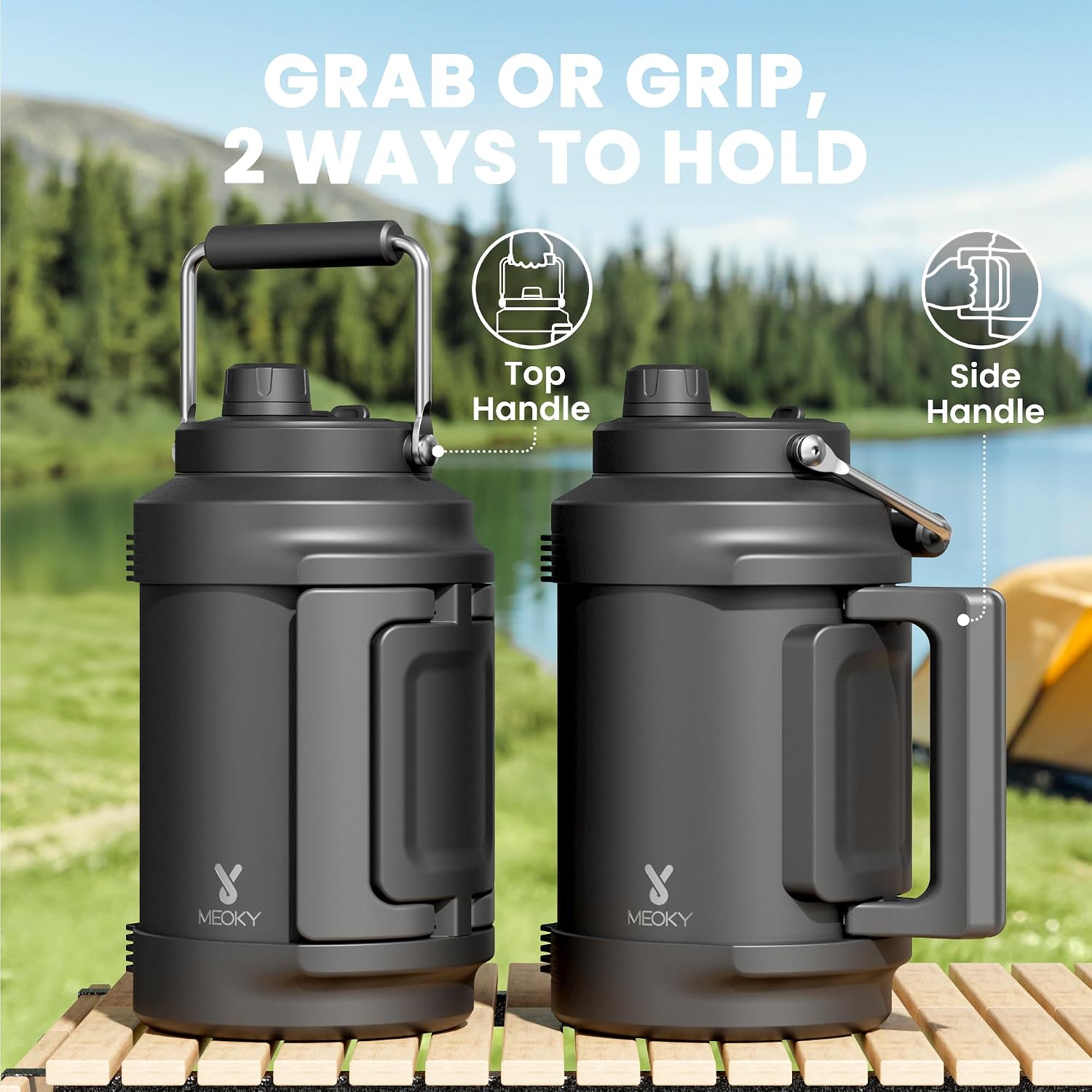 1 Gallon Insulated Water Bottle For Sports: Meoky 128 Oz Triple Wall Vacuum Stainless Steel Water Jug - Top And Side Handles, Cold For 48 Hrs, 2-In-1 Straw And Spout Lid, Leak Proof For Hiking (Night)