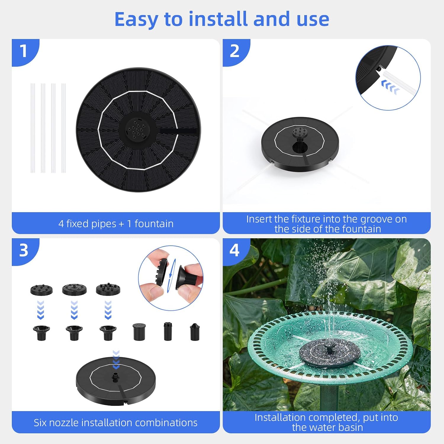 Solar Fountain For Bird Bath, Solar Water Fountain With Multiple Nozzles & Fixed Pipes, Upgraded Version 3.5W Solar Water Pump, Suitable For Bird Bath, Garden, Courtyard, Fish Tank, Outdoor