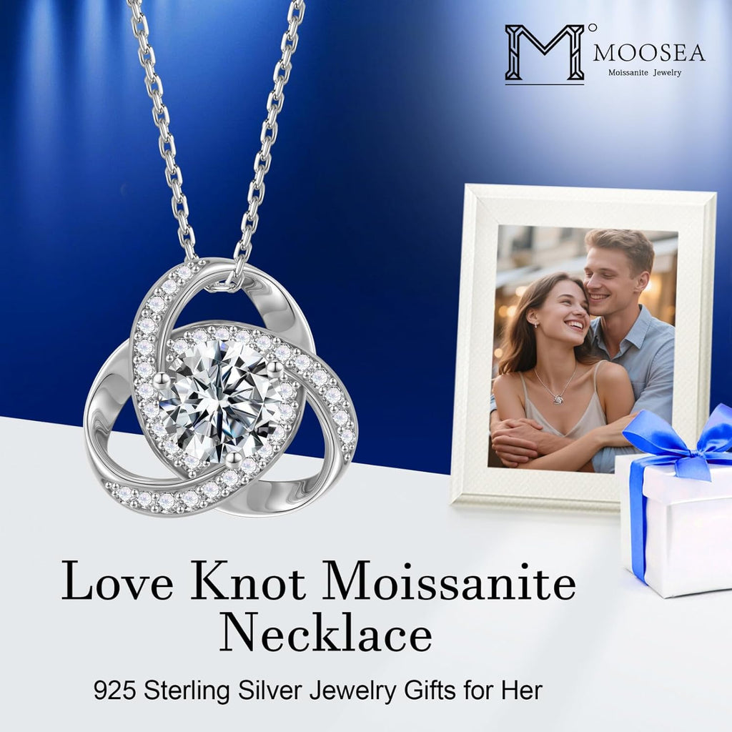 MOOSEA Mothers Day Gifts - 1-3 ct Love Knot Moissanite Necklace, Lab Created Moissanite 925 Sterling Silver Pendant Necklace Anniversary Birthday Gifts for Women Wife Mom Girlfriend Grandma