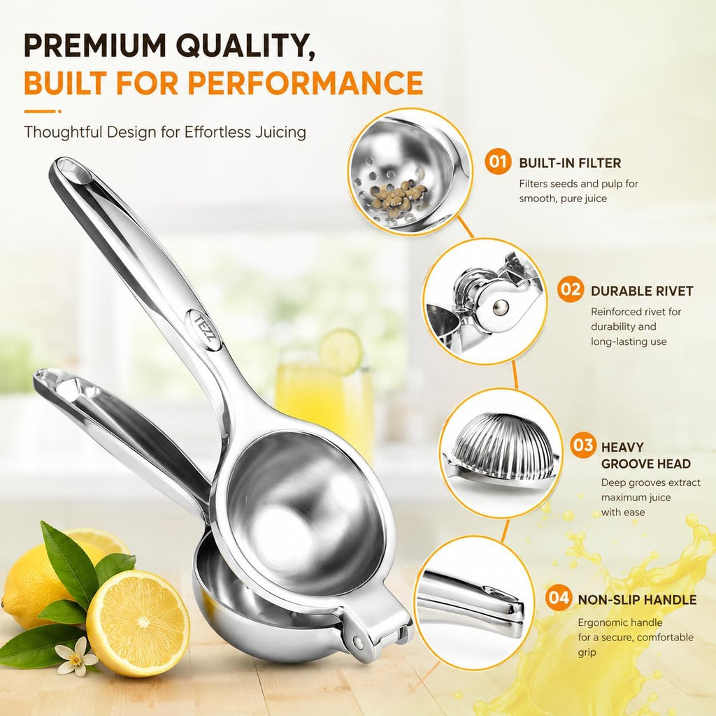 Tezz Premium Lemon Squeezer, Large Heavy Duty Handhelp Juicer For Lemon, Metal Hand Press Citrus Juicer, Lime Squeezer Bar Tool, Manual Citrus Press | Large Bowl Ergonomic Handle Easy Handheld Press For Lemons And Limes